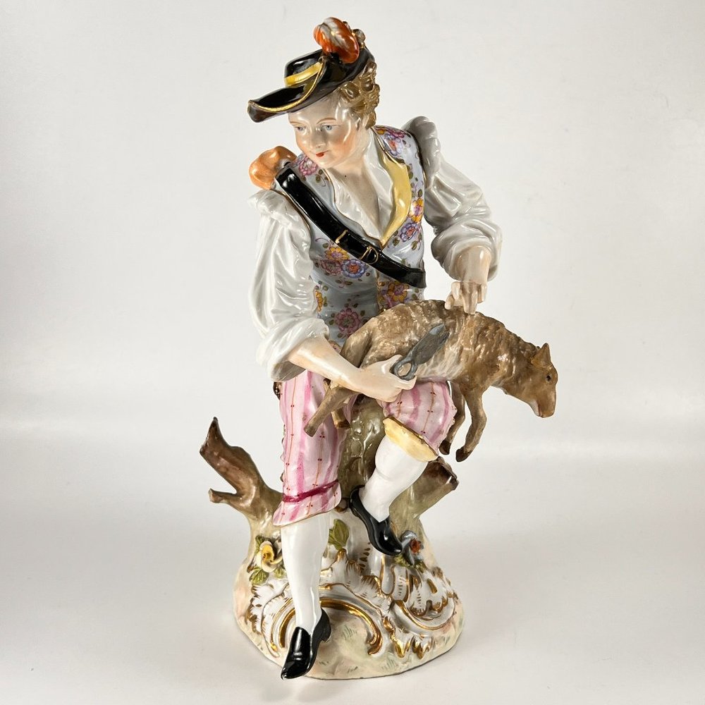 Antique Carl Thieme Dresden German Porcelain Man Shearing Sheep 10"H Circa 1888
